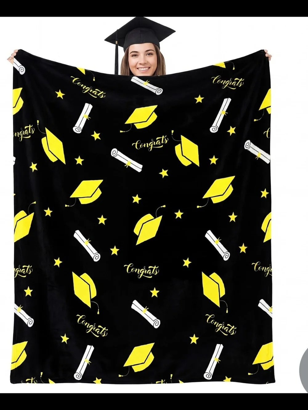 Graduation Black & Yellow Patterned Throw Blanket Gift  50x58